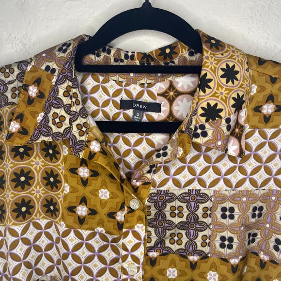 DREW Patchwork Pattern Cropped Long Sleeve Blouse Button Front Top - Size S - Picture 2 of 4